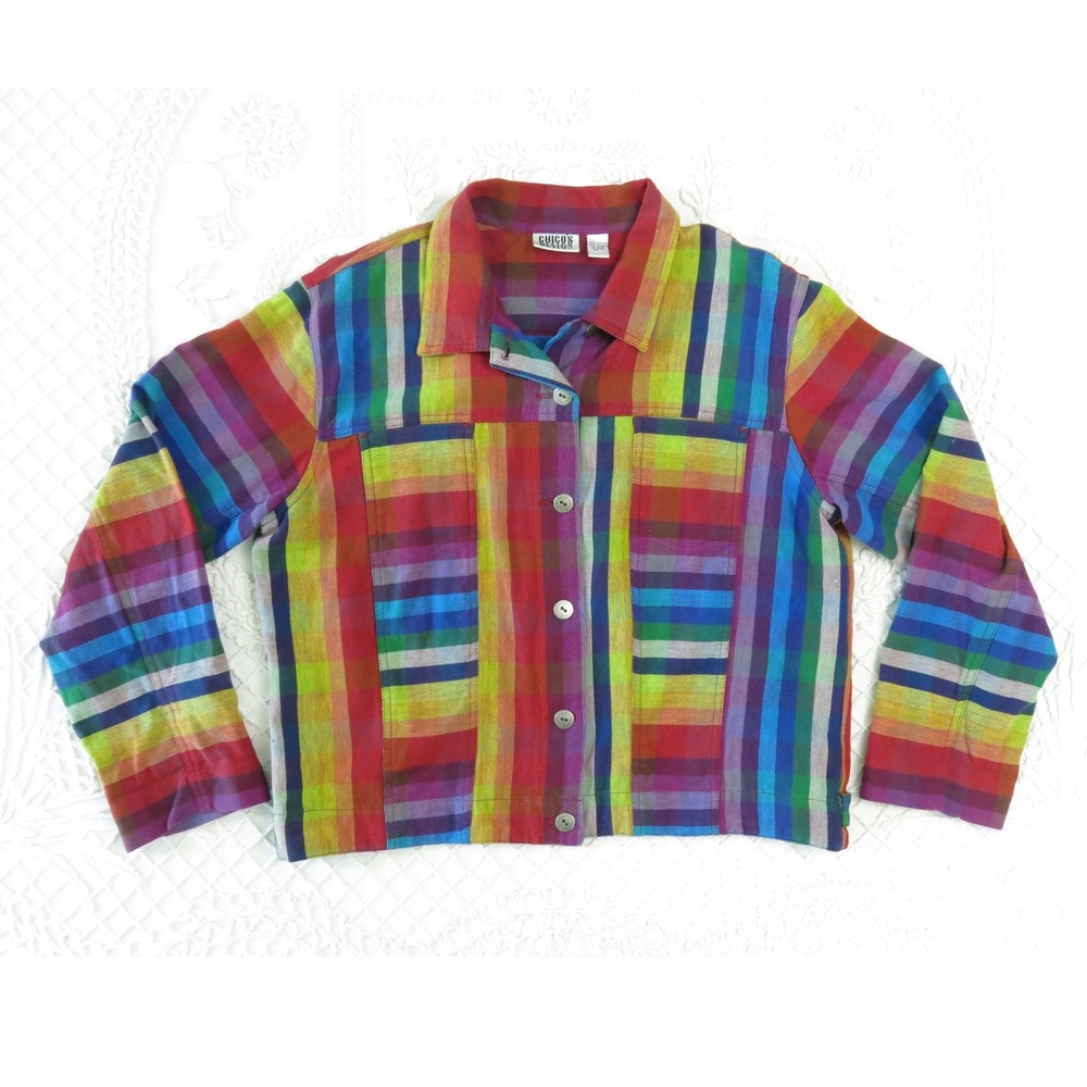Chicos Design Rainbow Woven Plaid Cotton Jacket 3 Large Southwestern Chore Coat